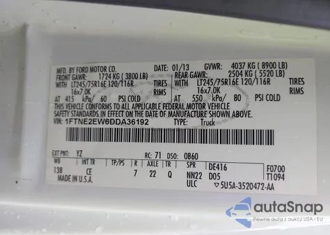 2013 Ford E-250 Commercial из США, поврежденный, VIN 1FTNE2EW6DDA36192